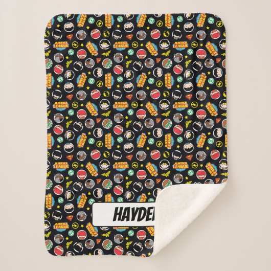 Chibi Justice League Heroes en Logos Pattern Sherpa Deken (Voorkant)