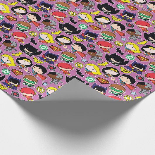 Chibi Justice League Pattern over Paars Cadeaupapier (Hoek)