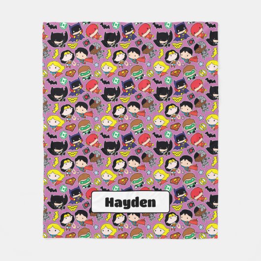 Chibi Justice League Pattern over Paars Fleece Deken (Voorkant)