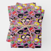 Chibi Justice League Pattern over Paars Inpakpapier Vel (In situ)