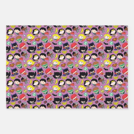 Chibi Justice League Pattern over Paars Inpakpapier Vel (Voorkant)