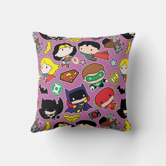 Chibi Justice League Pattern over Paars Kussen (Achterkant)