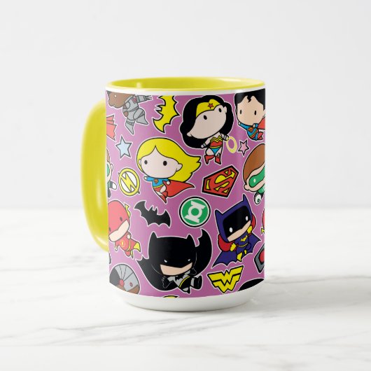 Chibi Justice League Pattern over Paars Mok (Voorkant links)