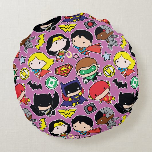 Chibi Justice League Pattern over Paars Rond Kussen (Achterkant)
