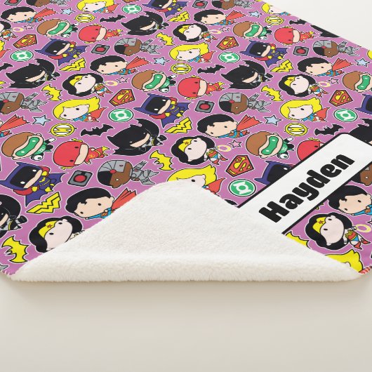 Chibi Justice League Pattern over Paars Sherpa Deken (3/4)