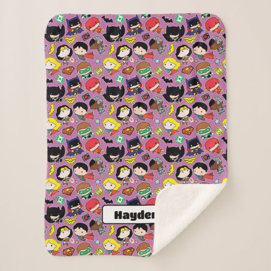 Chibi Justice League Pattern over Paars Sherpa Deken (Voorkant)