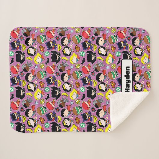 Chibi Justice League Pattern over Paars Sherpa Deken