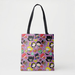 Chibi Justice League Pattern over Paars Tote Bag