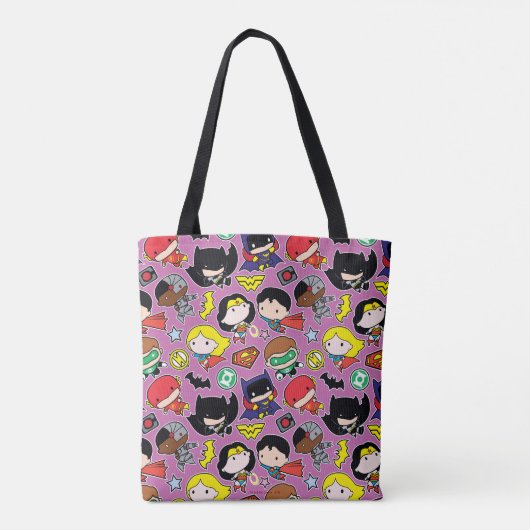 Chibi Justice League Pattern over Paars Tote Bag (Achterkant)