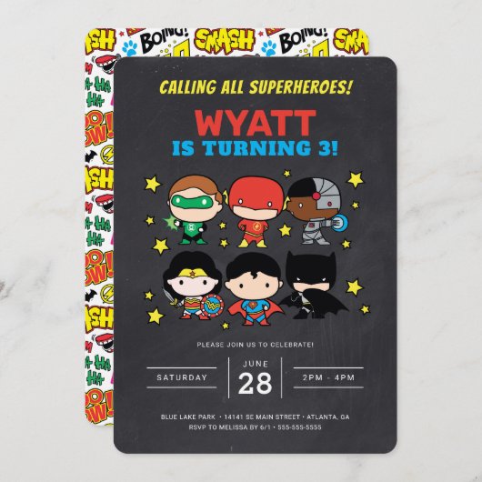 Chibi Justice League Schoolbord Verjaardagsuitnodi Kaart (Voorkant / Achterkant)