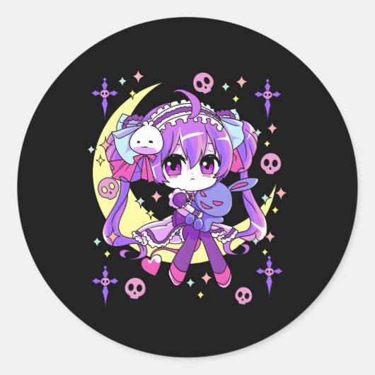Chibi Kawaii Anime Pastel Gothic voor Ronde Sticker (Voorkant)