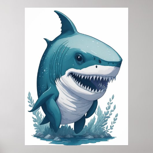 Chibi Kawaii Shark in Waterverf Style Poster (Voorkant)