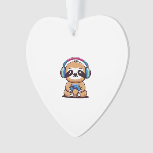 Chibi Kawaii Sloth Gamer � Cute Funny Animal with  Ornament (voorkant)