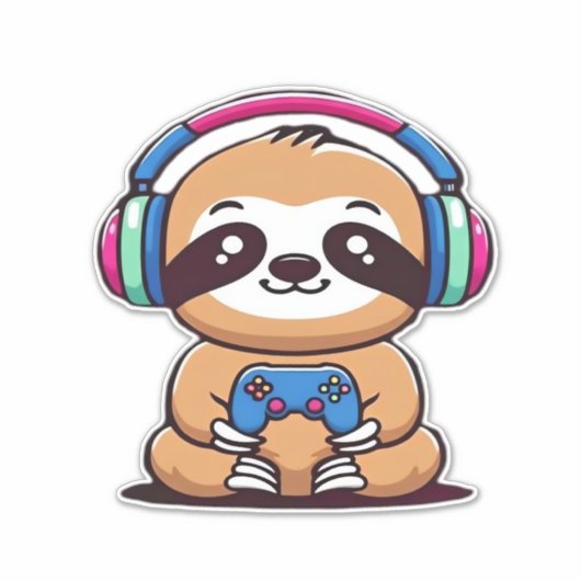 Chibi Kawaii Sloth Gamer � Cute Funny Animal with  Sticker (Voorkant)