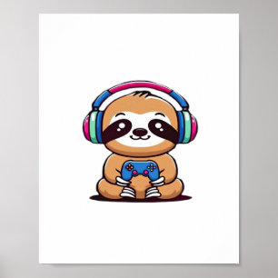 Chibi Kawaii Sloth Gamer - Schattige grappig dier  Poster
