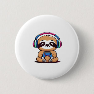Chibi Kawaii Sloth Gamer - Schattige grappig dier  Ronde Button 5,7 Cm