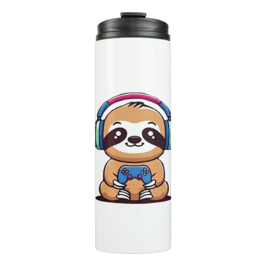 Chibi Kawaii Sloth Gamer - Schattige grappig dier Thermosbeker (Voorkant)