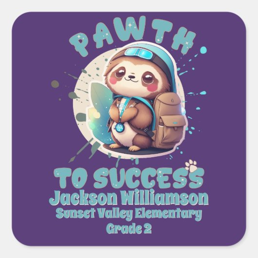 Chibi Kawaii Sloth Naam School Grade Vierkante Sticker (Voorkant)