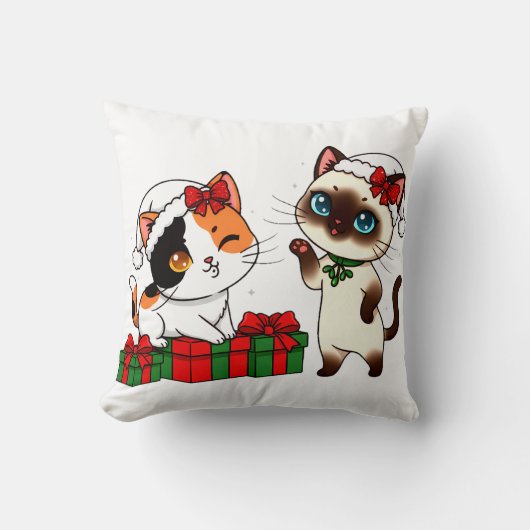 Chibi Kerstkatten met Cadeaus Kussen (Voorkant)