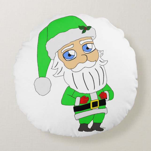 Chibi Kerstman groene pak Rond Kussen (Voorkant)