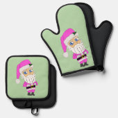 Chibi Kerstman roze pak Ovenwant & Pannenlap Set (Voorkant / Achterkant)