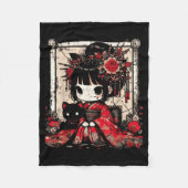 Chibi Kimono Girl Black Cat Flowers Japanese Art W Fleece Deken (Voorkant)