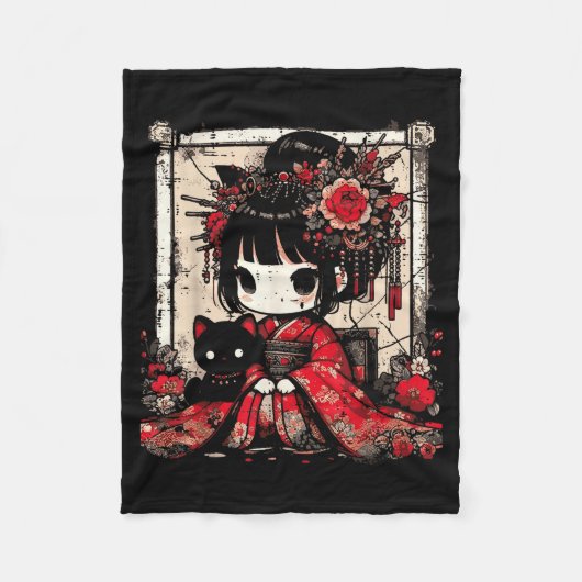 Chibi Kimono Girl Black Cat Flowers Japanese Art W Fleece Deken (Voorkant)