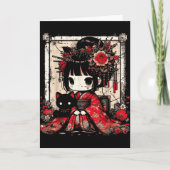 Chibi Kimono Girl Black Cat Flowers Japanese Art W Kaart (Voorkant)