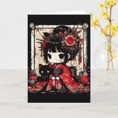 Chibi Kimono Girl Black Cat Flowers Japanese Art W Kaart (Gele Bloem)