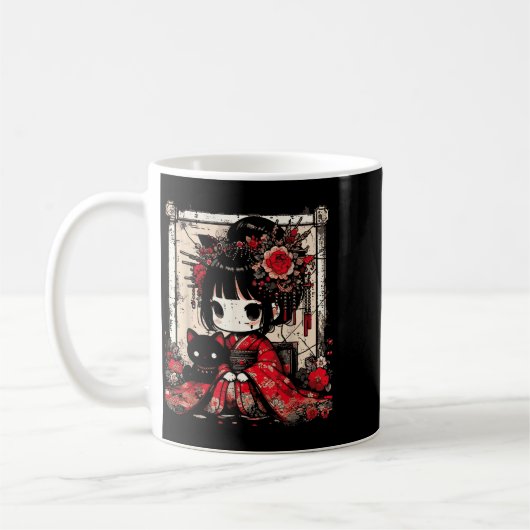 Chibi Kimono Girl Black Cat Flowers Japanese Art W Koffiemok (Links)