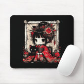 Chibi Kimono Girl Black Cat Flowers Japanese Art W Muismat (Met muis)