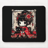 Chibi Kimono Girl Black Cat Flowers Japanese Art W Muismat (Voorkant)