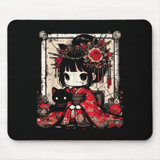 Chibi Kimono Girl Black Cat Flowers Japanese Art W Muismat (Voorkant)