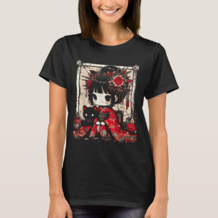 Chibi Kimono Meisje Zwarte Kat Bloemen Japanse Kun T-shirt