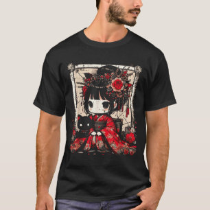 Chibi Kimono Meisje Zwarte Kat Bloemen Japanse Kun T-shirt