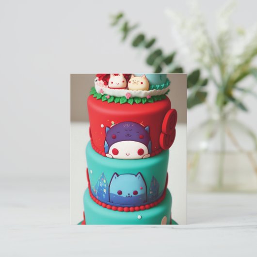 Chibi kitty cat zegt groene rode verjaardagstaart feestdagenkaart (Staand voorkant)