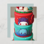 Chibi kitty cat zegt groene rode verjaardagstaart feestdagenkaart (Voorkant / Achterkant)