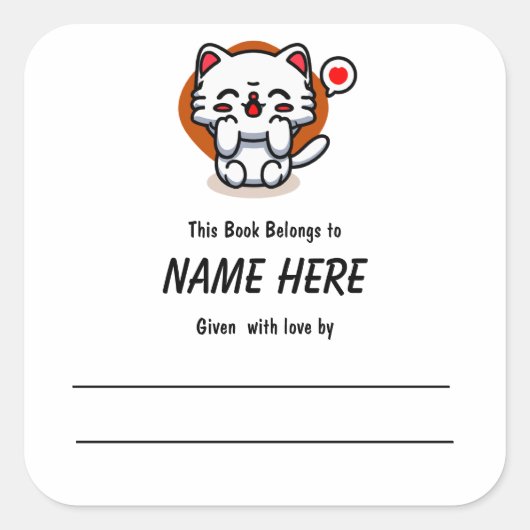 Chibi Love Cat Children's Bookplate met bericht Vierkante Sticker (Voorkant)