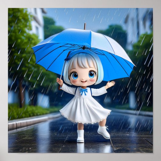 Chibi meisje danst in de regen poster (Voorkant)