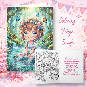 Chibi Meisje in Betoverd Woud Verjaardag   Kleur M Kaart