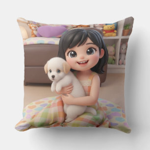 Chibi Meisje Knuffelt Witte Puppie Hond Kussen Kus