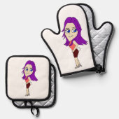 chibi meisje met bunny tail ovenwant & pannenlap set (Voorkant / Achterkant)
