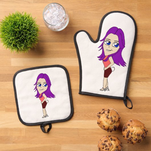 chibi meisje met bunny tail ovenwant & pannenlap set (Top down)