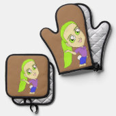 chibi meisje met bunny tail ovenwant & pannenlap set (Voorkant / Achterkant)
