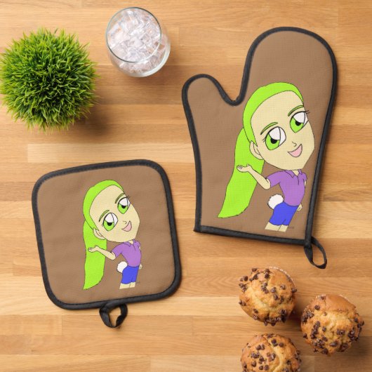 chibi meisje met bunny tail ovenwant & pannenlap set (Top down)