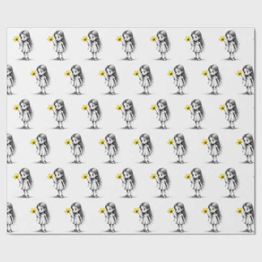 Chibi meisje met gele bloem cadeaupapier (Vlak)