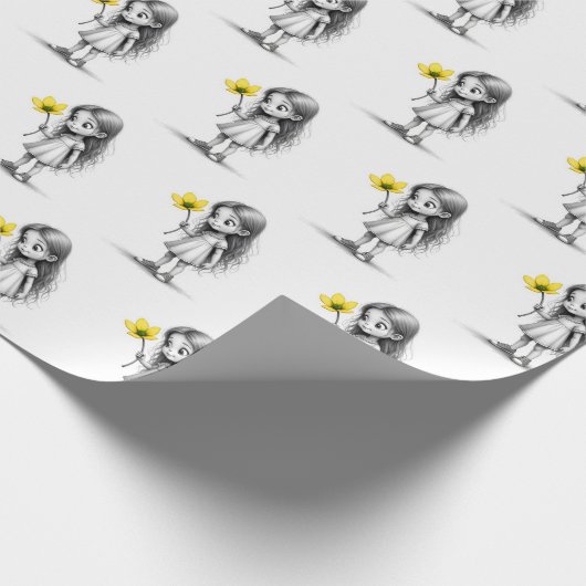 Chibi meisje met gele bloem cadeaupapier (Hoek)