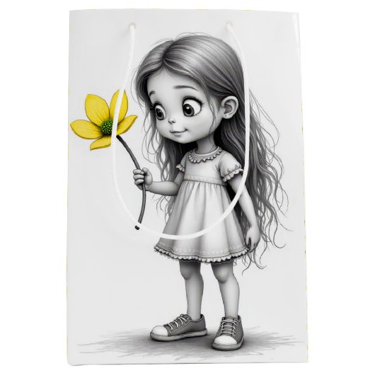 Chibi meisje met gele bloem medium cadeauzakje (Voorkant)