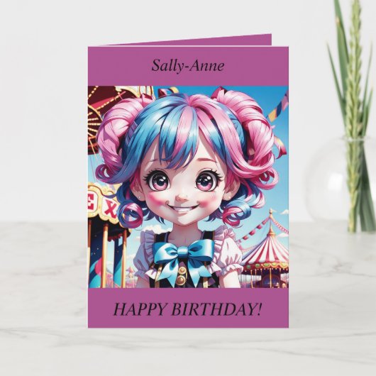 Chibi Meisje roze/blauw haar glimlachend Verjaarda Feestdagen Kaart (Voorkant)