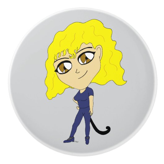Chibi met een kat als staart keramische knop (Voorkant)